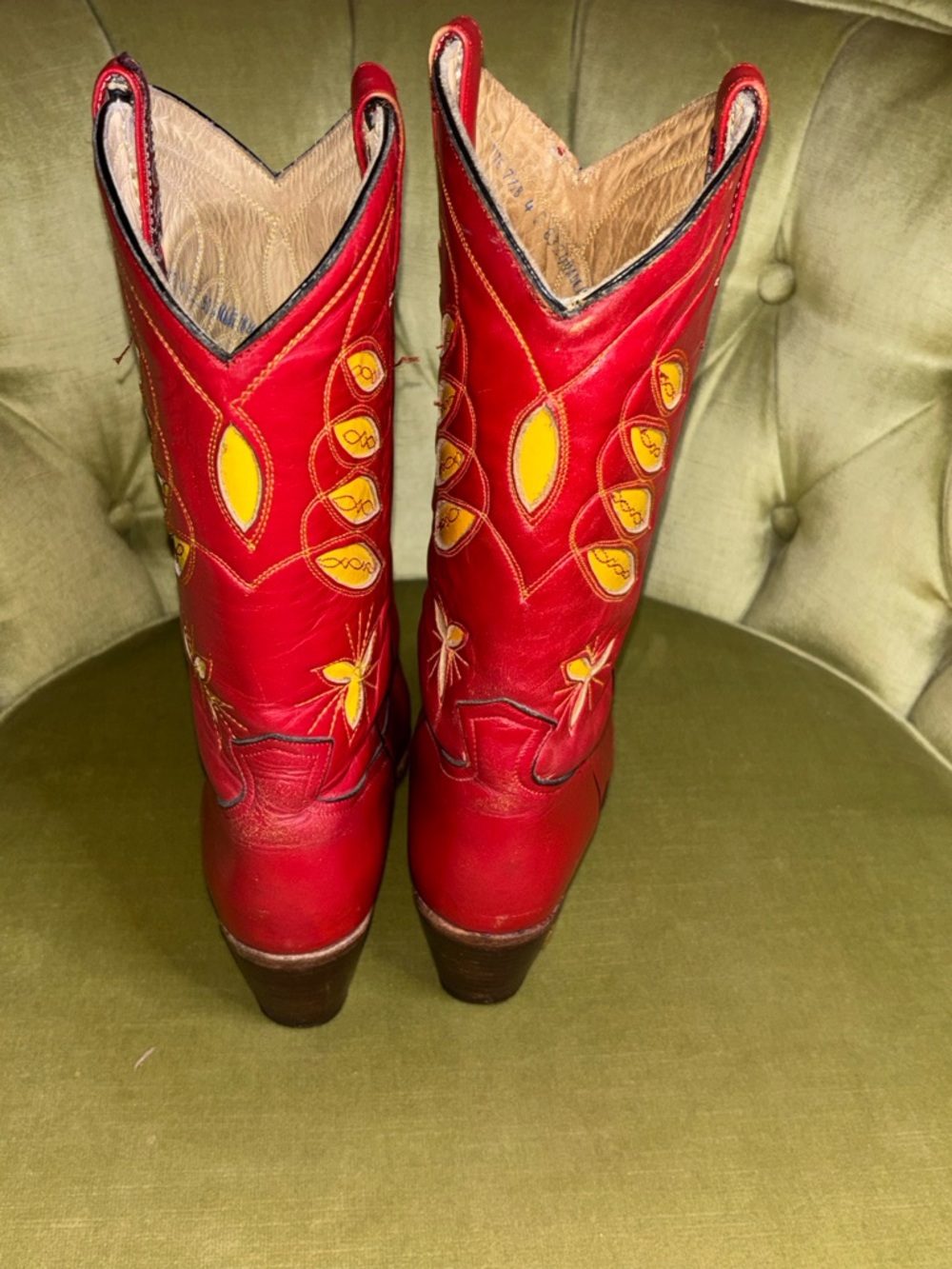 Vtg 80s Women's SASSON Jeans Red Yellow Cowboy Cowgirl High Heel 7.5 B Boots - Picture 10 of 11